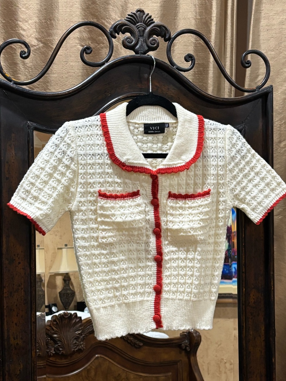 VICI Cream Short-Sleeve Knit Cardigan with Red Trim